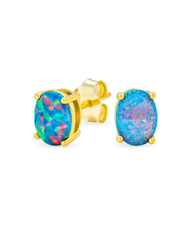 Bling Jewelry Simple Classic White Fire Orange Black Blue Opulence Created Opal Oval Stud Earrings Yellow Gold Plated .925 Sterling Silver 7MM