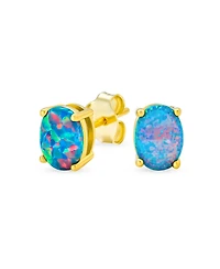 Bling Jewelry Simple Classic White Fire Orange Black Blue Opulence Created Opal Oval Stud Earrings Yellow Gold Plated .925 Sterling Silver 7MM