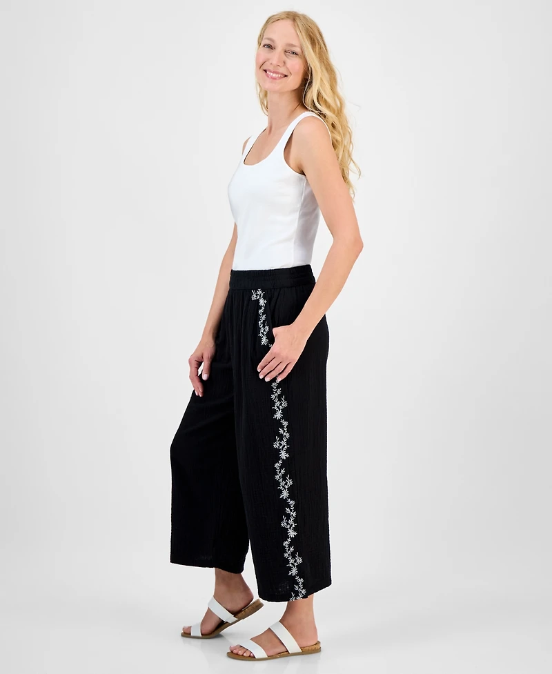 Style & Co Petite Cotton Embroidered Pull-On Gauze Pants, Exclusively at Macy's