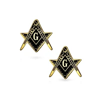 Bling Jewelry Set of 2 Freemasons Compass Symbol Shirt Cufflink Black Enamel Gold Plated