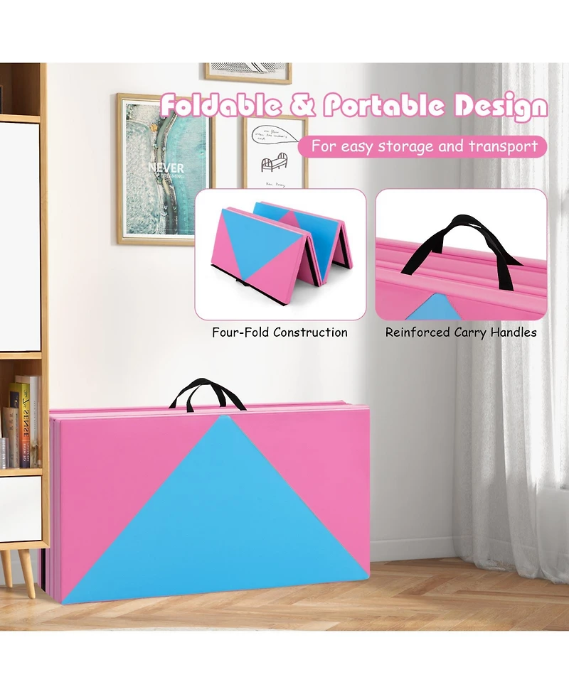 8 Feet Pu Leather Folding Gymnastics Mat with Hook and Loop Fasteners-Pink & Blue