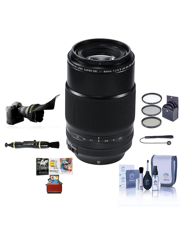Fujifilm Xf 80mm f/2.8 R Lm Ois Wr Macro Lens, Black, Bundle with 62mm Filter Kit, Flex Lens Shade, Lens Cleaner, Cleaning Kit, Lens Cap Tether, Mac