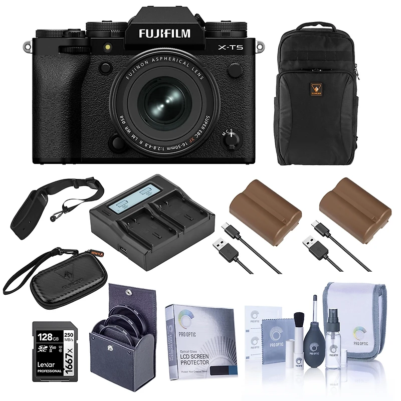 Fujifilm X-T5 Mirrorless Camera, Black with Xf 16-50mm f/2.8-4.8 R Lm Wr Lens, Bundle with 128GB Memory Card, Backpack, 2x Battery, Smart Charger, 2x