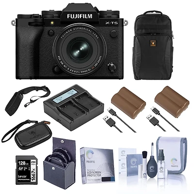 Fujifilm X-T5 Mirrorless Camera, Black with Xf 16-50mm f/2.8-4.8 R Lm Wr Lens, Bundle with 128GB Memory Card, Backpack, 2x Battery, Smart Charger, 2x