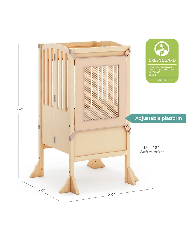 Guidecraft Contemporary Kitchen Helper Step Stool - Walnut: Kids' Adjustable, Foldable Wooden Learning Toddler Tower with Non-Slip Mat