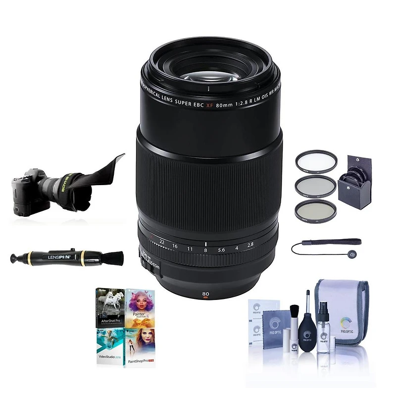 Fujifilm Xf 80mm f/2.8 R Lm Ois Wr Macro Lens, Black, Bundle with 62mm Filter Kit, Flex Lens Shade, Lens Cleaner, Cleaning Kit, Lens Cap Tether, Pc