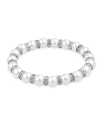 Bling Jewelry Simulated Pearl Stackable Strand Stretch Bracelet Crystal Rondelle Gold & Silver Plated Spacer