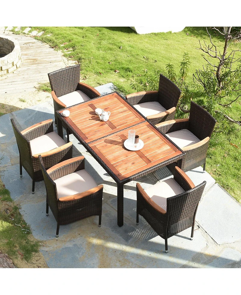 7PCS Patio Rattan Dining Set 6 Stackable Chairs Cushioned
