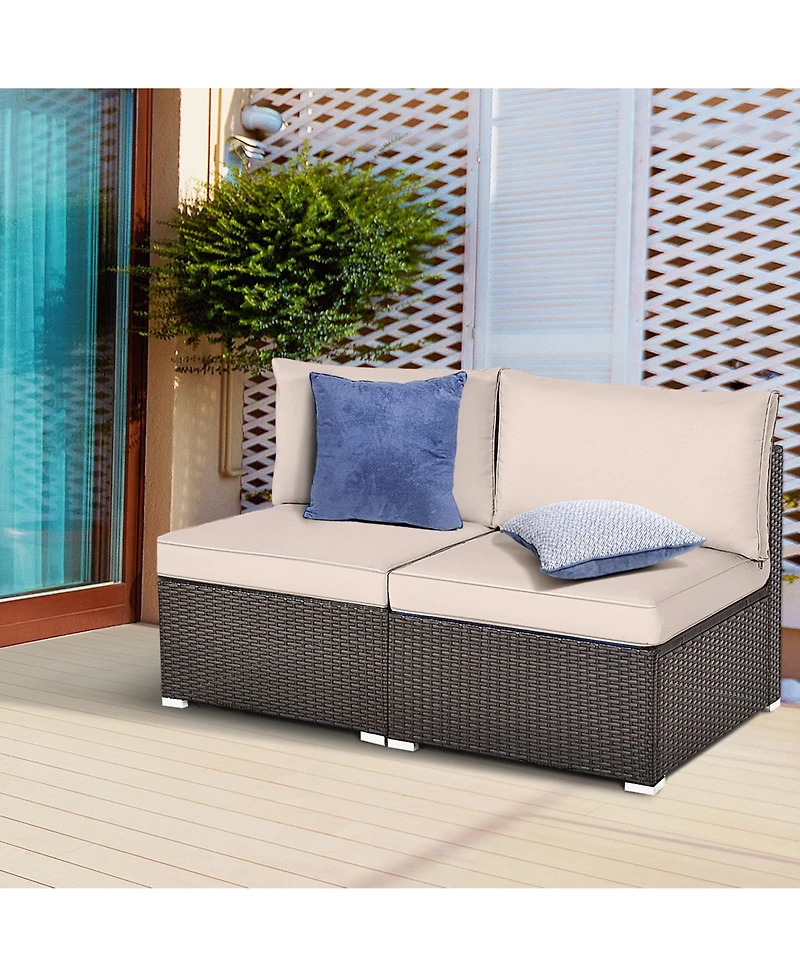 Gymax 2PCS Patio Sectional Armless Sofas Outdoor Rattan Furniture Set w/ Cushions