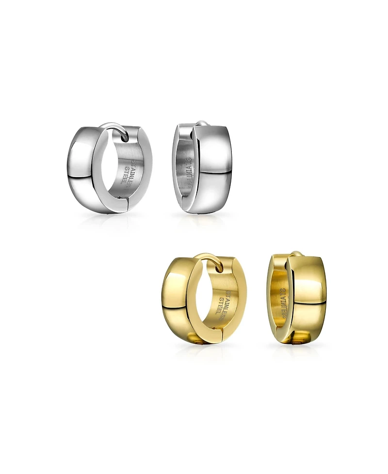 Bling Jewelry Set of 2 Simple Basic Polished Huggie Hoop Earrings Silver Gold Plated Steel