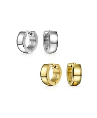 Bling Jewelry Set of 2 Simple Basic Polished Huggie Hoop Earrings Silver Gold Plated Steel