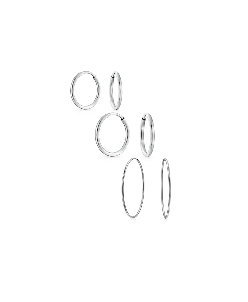 Bling Jewelry Set of 3 Thin Minimalist Hoop Huggie Earrings Sterling Silver 0.5, 0.75 & 1 Inch