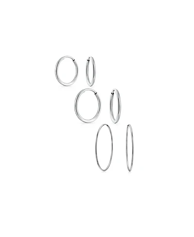 Bling Jewelry Set of 3 Thin Minimalist Hoop Huggie Earrings Sterling Silver 0.5, 0.75 & 1 Inch
