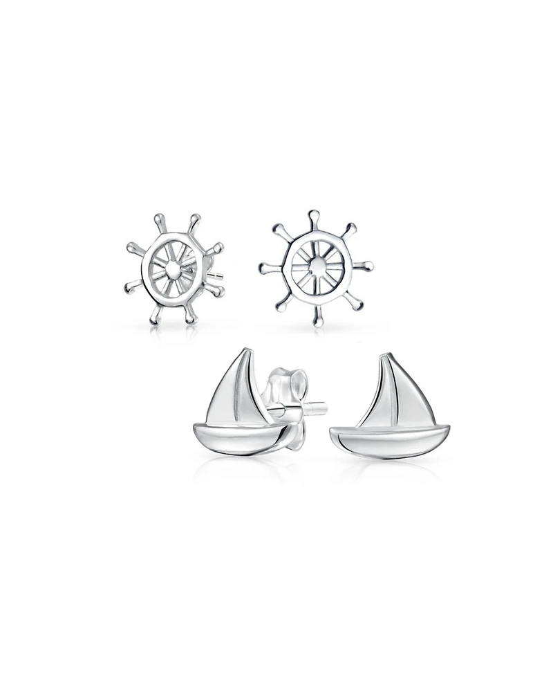 Bling Jewelry Set of 2 Small Nautical Sail Boat and Ship Wheel Stud Earrings Sterling Silver