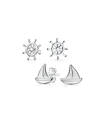 Bling Jewelry Set of 2 Small Nautical Sail Boat and Ship Wheel Stud Earrings Sterling Silver