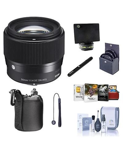 Sigma 56mm f/1.4 Dc Dn Contemporary Lens for Sony E, Bundle with Filter Kit, Cleaning Kit, Pc Software Kit, Lens Cap Tether, Lens Cleaner, Flex Lens S