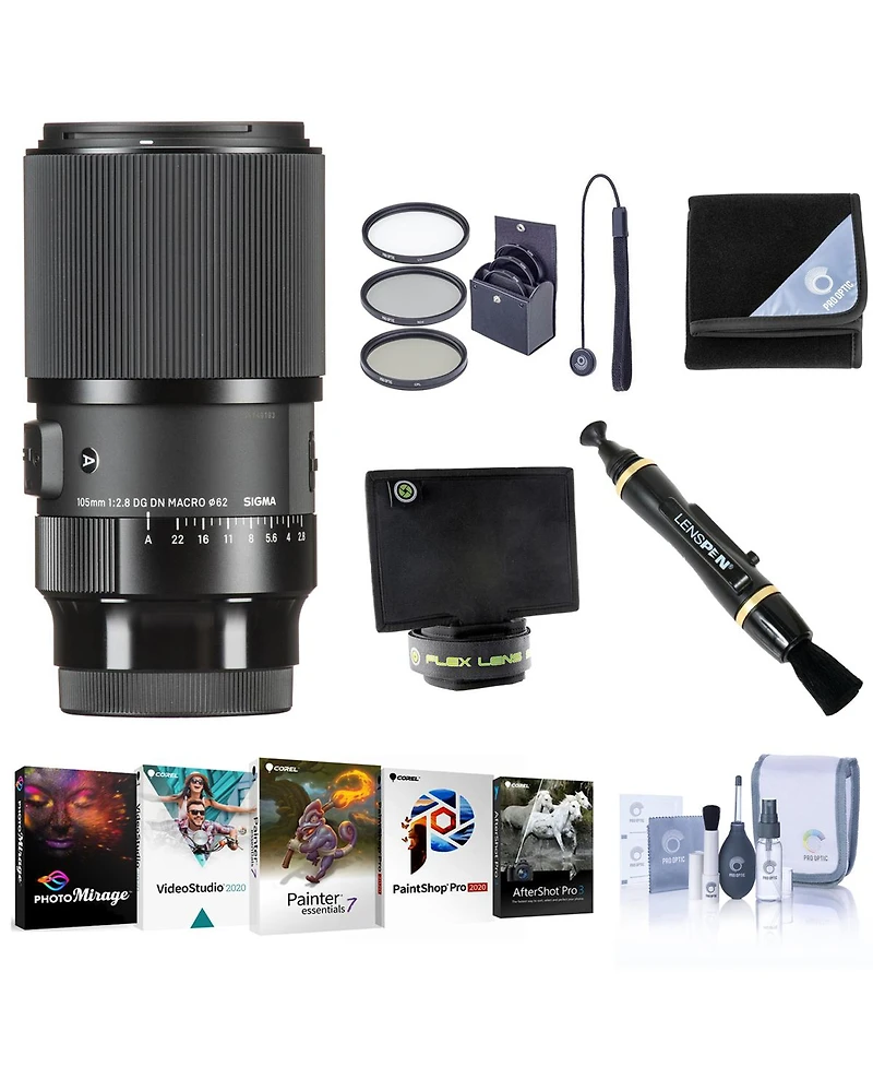Sigma 105mm f/2.8 Dg Dn Art Macro Lens for Sony E, Bundle with Pc Software Kit, 62mm Filter Kit, Lens Wrap, Lens Shade, Cleaner, Cleaning Kit, Lens