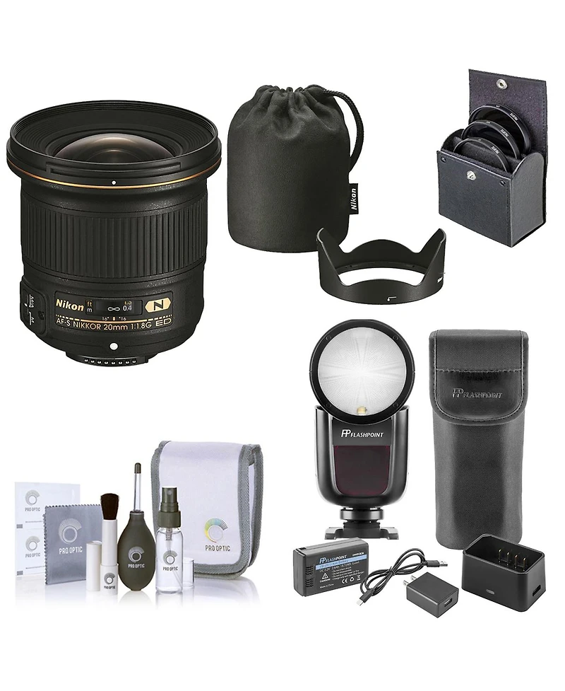 Nikon 20mm f/1.8G Ed Af-s Nikkor Lens, Bundle with Flashpoint Zoom Li-on X R2 Flash Speedlight for Nikon, ProOptic 77mm Filter Kit, Cleaning Kit
