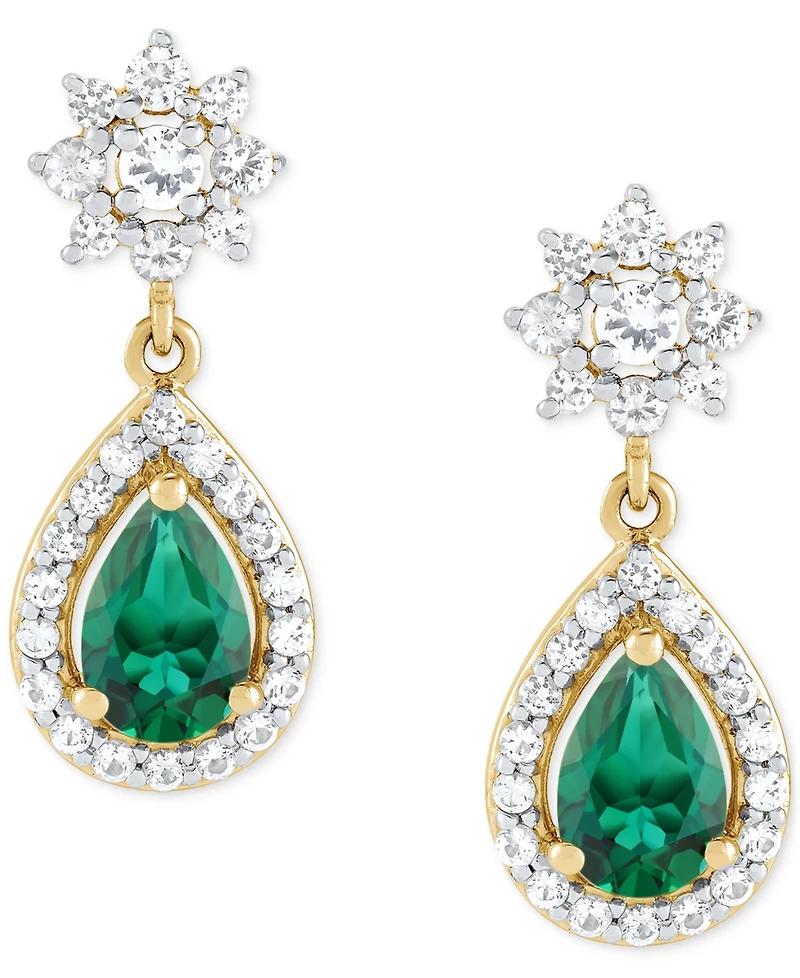 Lab-Created Emerald (5/8 ct. t.w.) & Lab-Created White Sapphire (1/2 ct. t.w.) Pear Halo & Cluster Drop Earrings in