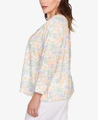 Hearts Of Palm Plus Size Three Quarter Sleeve Drawstring Top