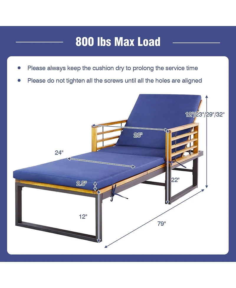 2PCS Patio Cushioned Chaise Lounge Chair Adjustable Reclining Lounger