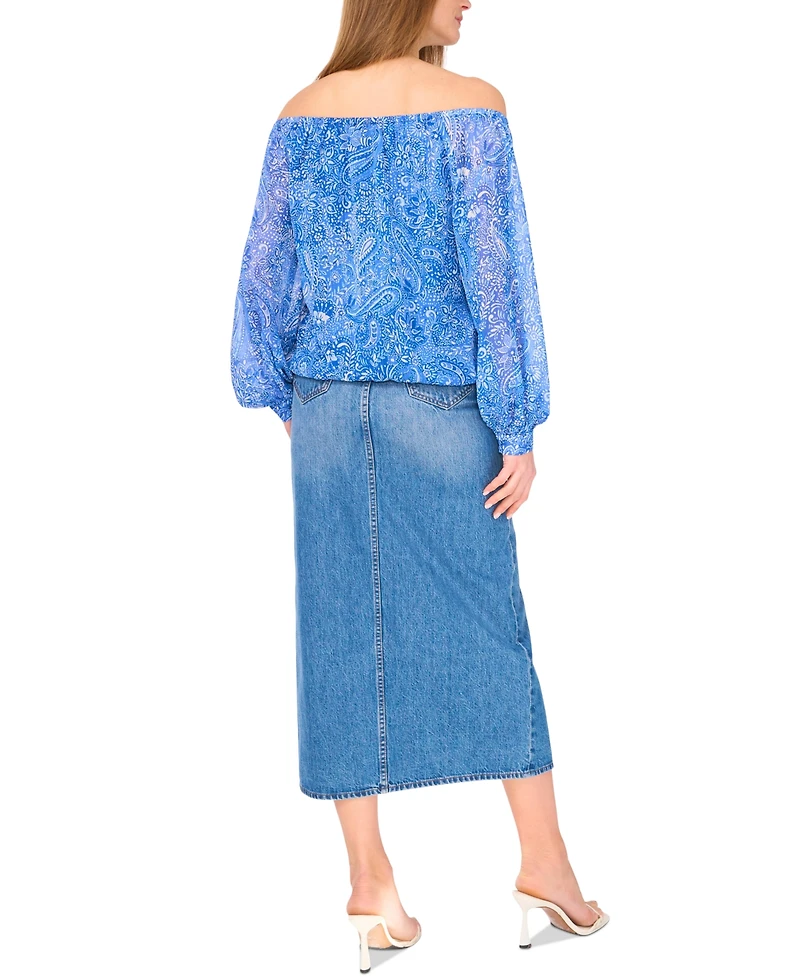 Vince Camuto Women's Paisley-Print Off-The-Shoulder Long-Sleeve Tie-Front Blouse