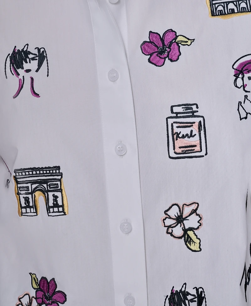 Karl Lagerfeld Paris Petite Cotton Embroidered Short-Sleeve Shirt