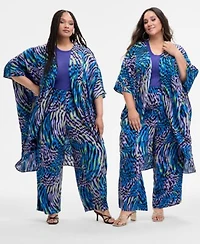 Nina Parker Trendy Plus Size Printed Kimono Sheer Sweater Knit Tank Printed Wide Leg Pants