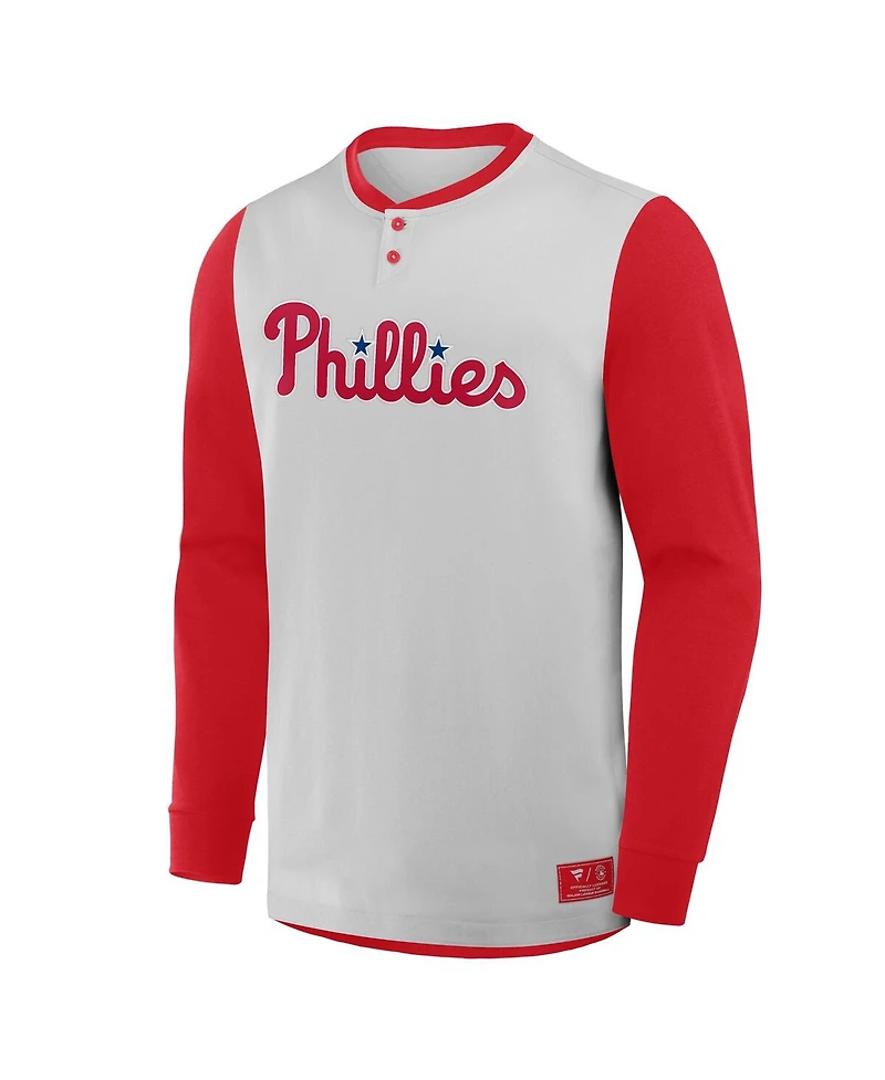 Fanatics Men's Gray/Red Philadelphia Phillies Clubhouse Long Sleeve Henley T-Shirt