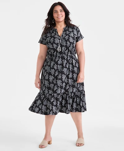 Style & Co Plus Printed V-Neck Short-Sleeve Midi Dress, Exclusively at Macy's
