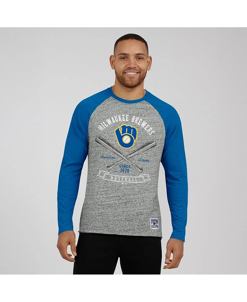 Fanatics Men's Heather Gray Milwaukee Brewers Raw Edge Raglan Long Sleeve Baseball T-Shirt