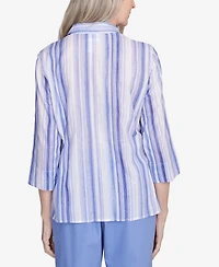 Alfred Dunner Petite Santa Fe Mitered Iris Stripe Button Down Top