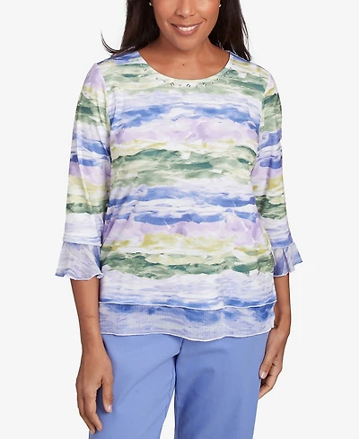 Alfred Dunner Petite Santa Fe Watercolor Biadere Striped Top