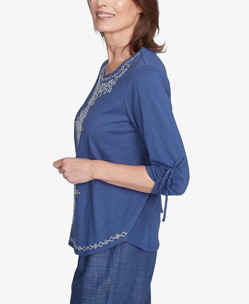 Alfred Dunner Petite Summer Solstice Embroidery Centered Tie Sleeve Top