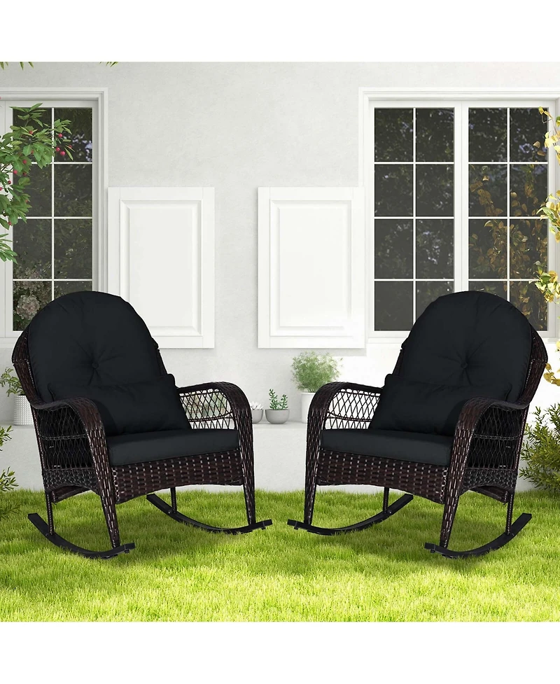 Patio Wicker Rocking Chair with Seat Back Cushions & Lumbar Pillow Porch