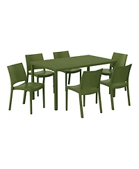 7-Piece Outdoor Rectangular Metal Patio Dining Table Set With Stackable Resin Side Chairs