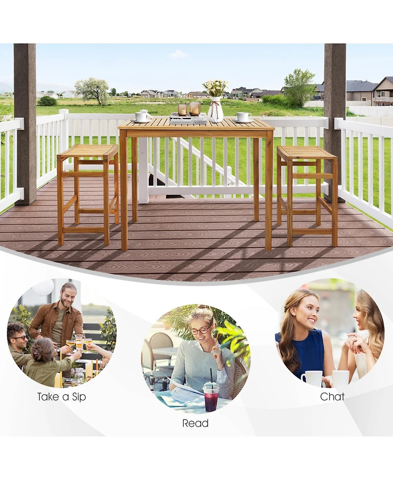 5 Pcs Acacia Wood Bar Table Set 45" Rectangular Dining Table & 4 Saddle Stools