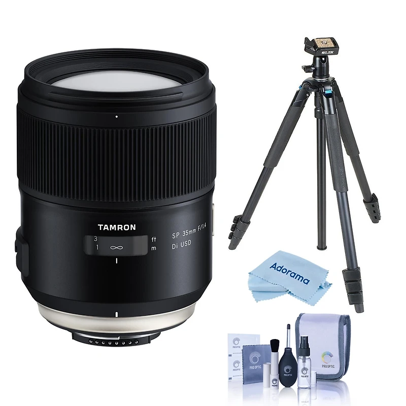 Tamron Sp 35mm f/1.4 Di Usd Lens for Nikon F, Bundle with Takama 3-Section Aluminum Video Tripod with Fluid Head, Cleaning Kit, Cleaning Cloth