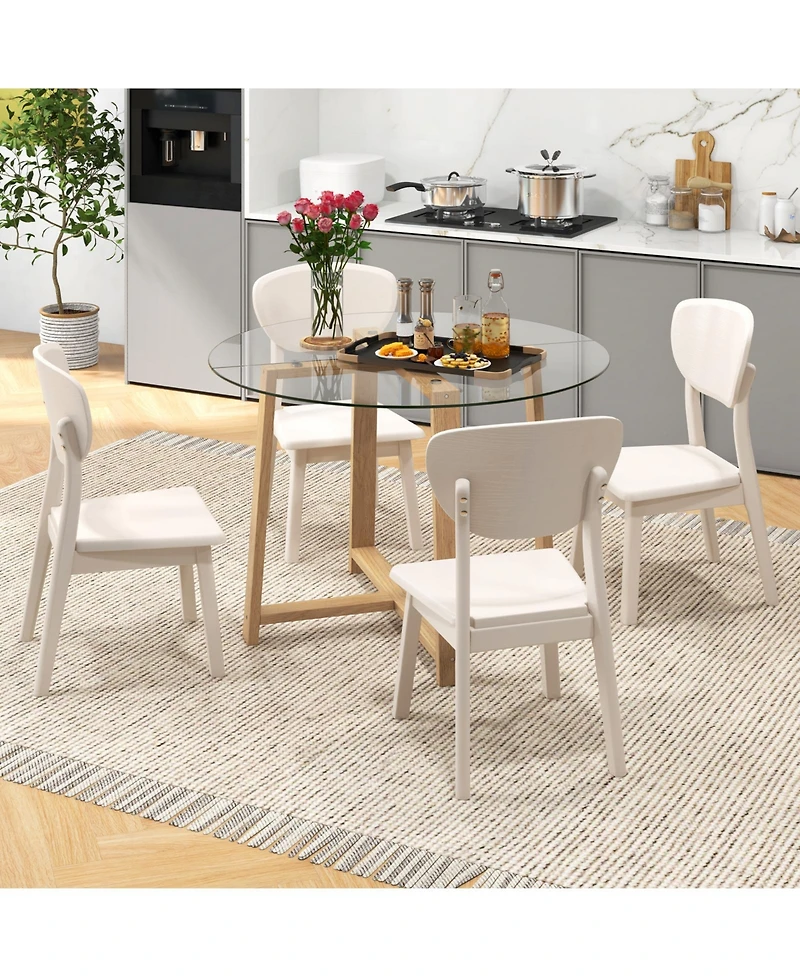 Round Glass Dining Table with Tempered Glass Tabletop and Rubber Wood Legs