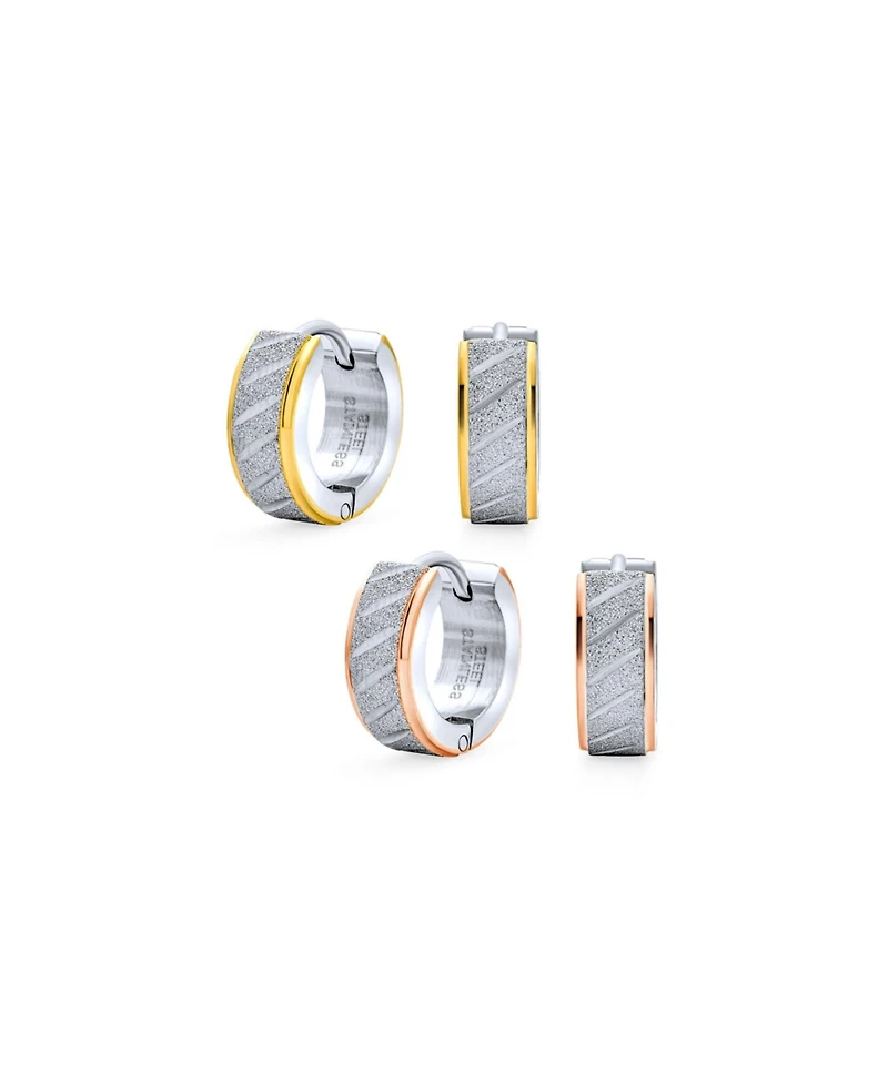 Bling Jewelry Set of 2 Carved Slashes Hoop Huggie Earrings Rose Gold Plated Stainless Steel