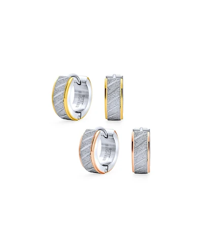 Bling Jewelry Set of 2 Carved Slashes Hoop Huggie Earrings Rose Gold Plated Stainless Steel