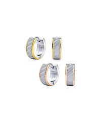 Bling Jewelry Set of 2 Carved Slashes Hoop Huggie Earrings Rose Gold Plated Stainless Steel