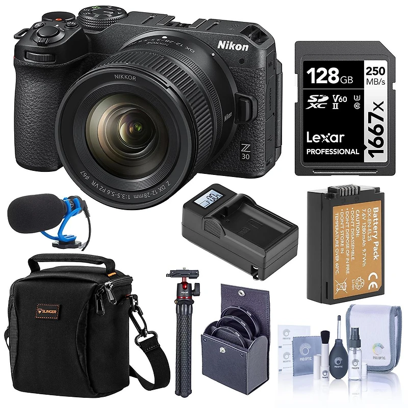 Nikon Z 30 Mirrorless Camera with Nikkor Z Dx 12-28mm f/3.5-5.6 Pz Vr Lens, Bundle with 128GB Memory Card, Shoulder Bag, TASC300 Microphone, Mt-11 Tri