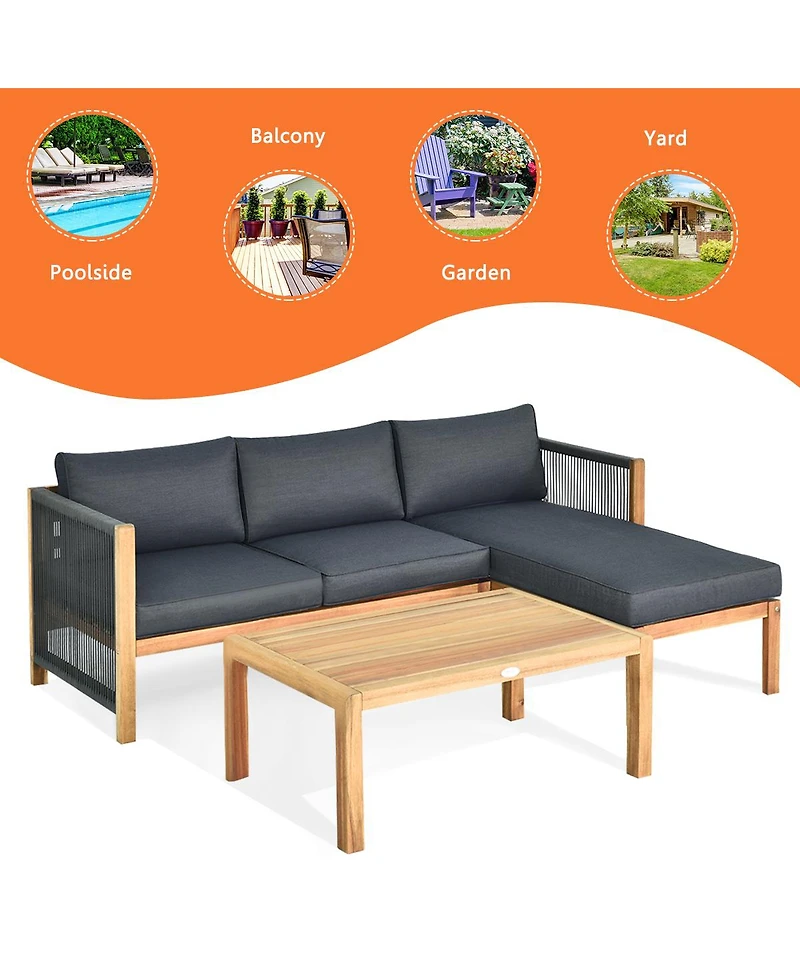 3PCS Patio Sofa Furniture Set Thick Cushion Acacia Wood