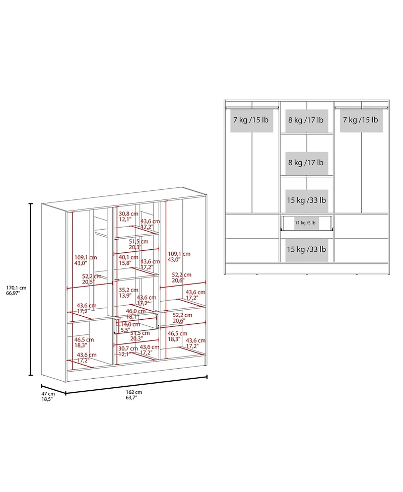 Olin 6-Door Wardrobe with Shelves and Drawer, Multistorage.