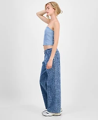 Juniors' Tonal Leopard-Print Wide-Leg Jeans