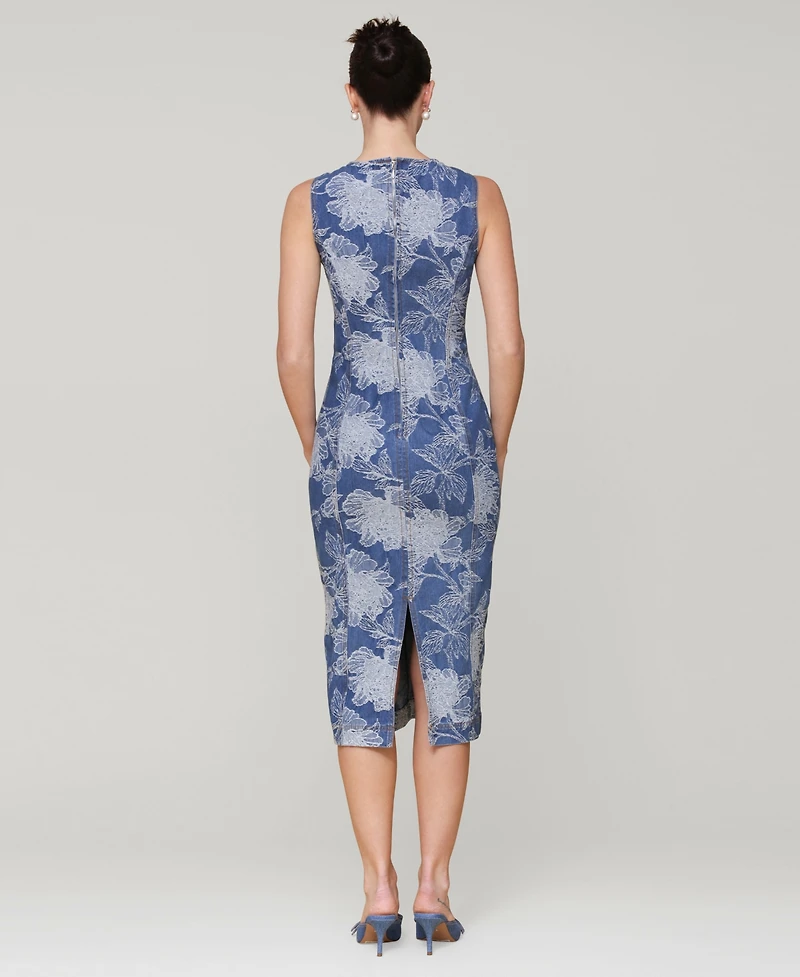 Avec Les Filles Women's Embroidered Floral Denim Midi Dress