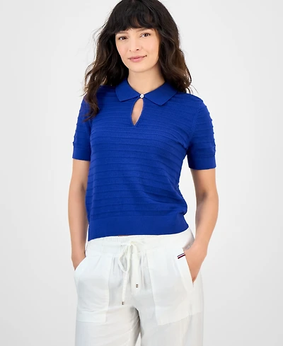 Tommy Hilfiger Women's Cotton Scalloped-Stripe Keyhole Polo