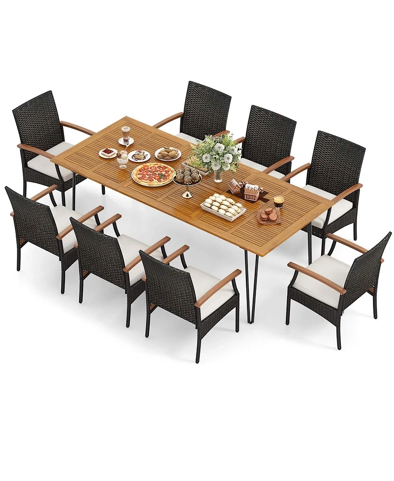 9 Pcs Outdoor Patio Dining Set Armchairs Set of 8 and Acacia Wood Square Table