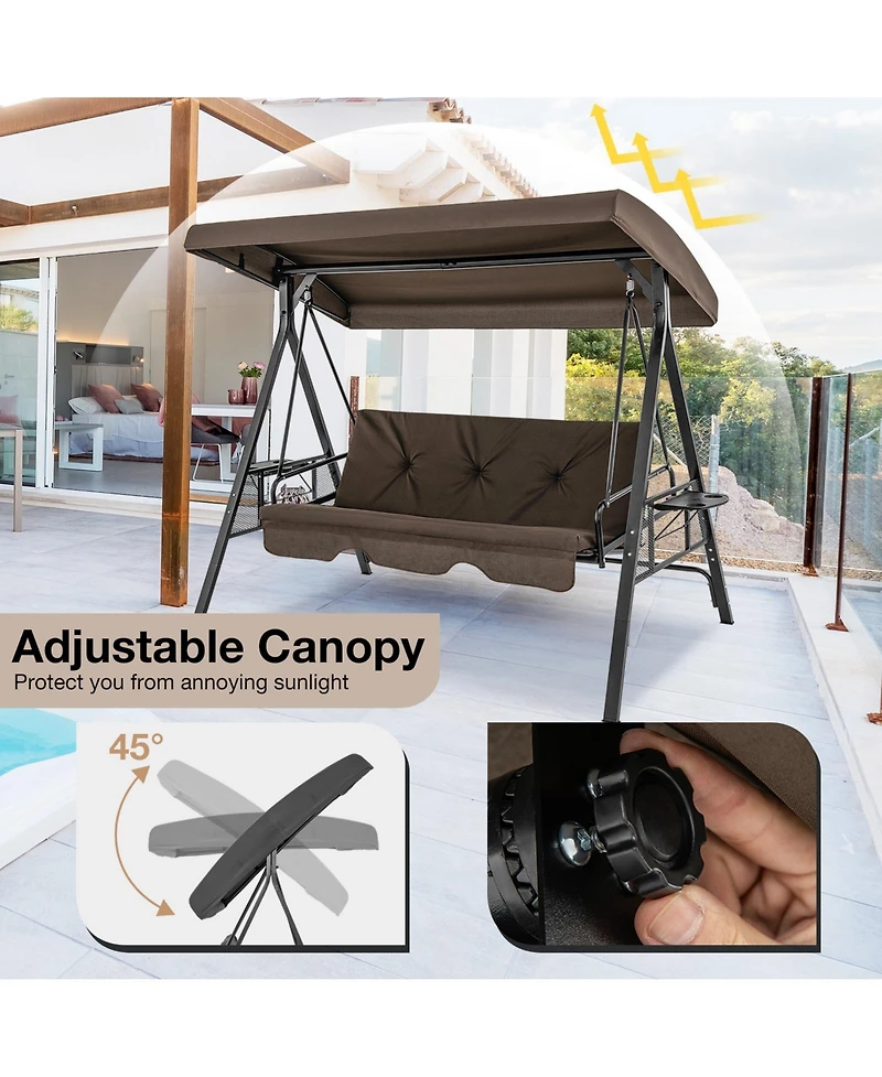 Convertible 3-Seat Patio Porch Swing Chair to Flat Bed with Adjustable Canopy